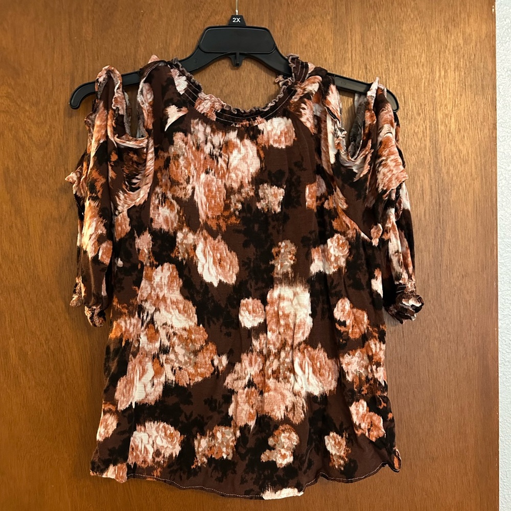 Maurices Floral Cold Shoulder Blouse - Brown and Pink